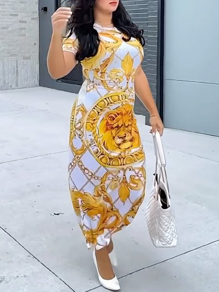 

Crew Neck Animal Urban Tight Long Dress, Yellow, Maxi Dresses