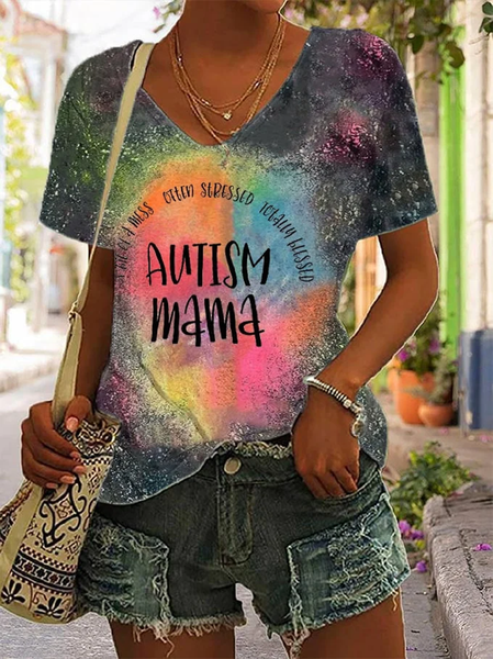 

Casual Text Letters V Neck Short Sleeve T-shirt, Multicolor, T-shirts