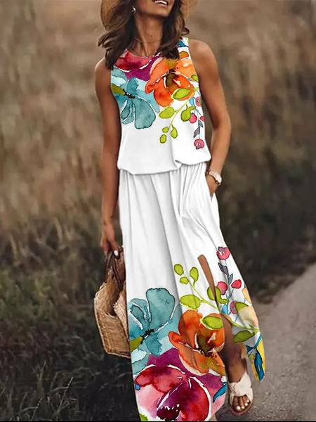 

Women Floral Crew Neck Sleeveless Comfy Casual Maxi Dress, White, Dresses