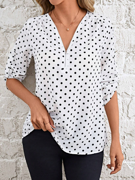 

Women's Three Quarter Sleeve Blouse Summer Polka Dots Zipper V Neck Daily Going Out Casual Top White, Blouses