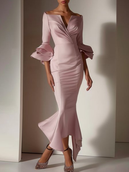 

Women's Three Quarter Sleeve Spring/Fall Plain Ruched Dress V Neck Holiday Going Out Elegant Maxi H-Line Mermaid Skirt Pink, Dresses