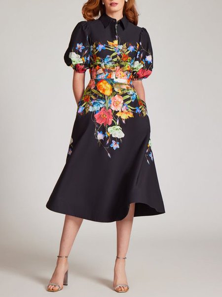 

Regular Fit Shirt Collar Elegant Floral Dress, Black, Midi Dresses