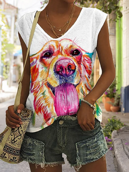 

Casual V Neck Dog Tank Top, White, Tanks & Camis