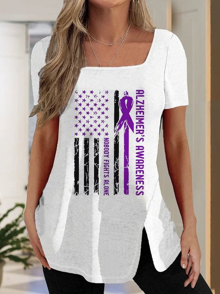 

Casual Text Letters Square Neck Short Sleeve T-shirt, White, T-shirts