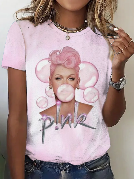 

Casual Text Letters Crew Neck Short Sleeve T-shirt, Pink, T-shirts