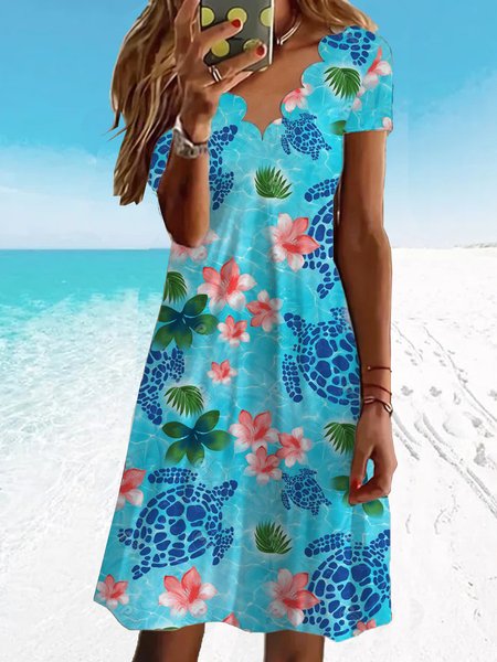 

Women Floral Scoop Neck Short Sleeve Comfy Casual Short Dress, Blue, Dresses