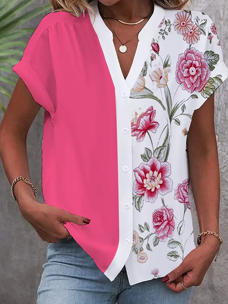 

Notched Short Sleeve Floral Regular Loose Blouse For Women, Pink, Dresses