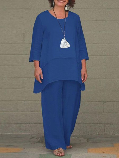 

Women Plain Crew Neck Three Quarter Sleeve Comfy Casual Top With Pants Two-Piece Set, Royal blue, Jumpsuits&Rompers