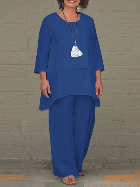 

Loose Plain Crew Neck Casual Two-Piece Set, Royal blue, Suit Set