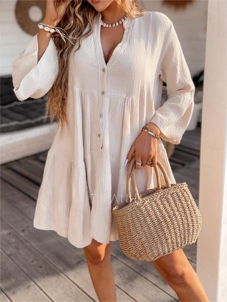 Casual Cotton Plain Loose Dress With No, Apricot, Midi Dresses