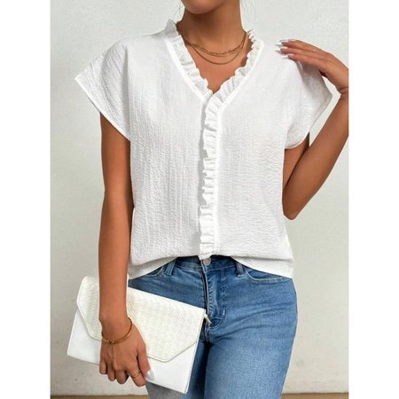 

Loose V Neck Plain Casual Blouse, White, Blouses & Shirts