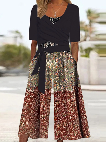 

Women Short Sleeve Cross Neck Loose Ankle Pants Irregular Craftsmanship Daily Vacation Disty Floral Natural T-Shirt Jumpsuit, Black, Jumpsuits&Rompers