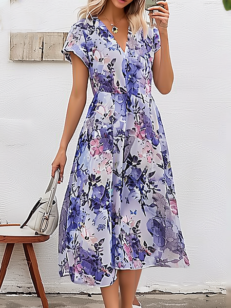 

Women's Purple Floral V Neck Vacation Midi X-Line Dress, Dresses