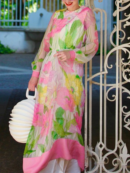 Floral Vacation Crew Neck Regular Fit Maxi Dress, As picture, Maxi Dresses