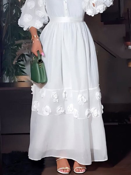 

Plain Urban High Waist 3D Floral Maxi Skirt, White, Skirts