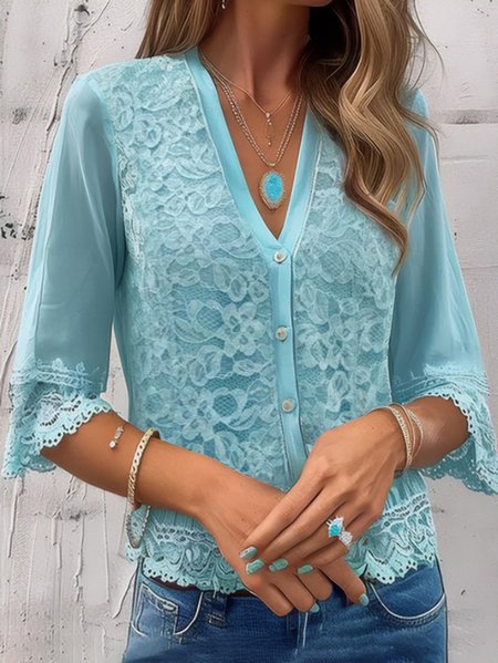 Women's Half Sleeve Lace Edge Shirt Summer Light Blue V Neck Going Out Top