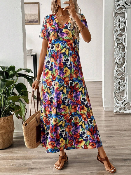 

Women's Short Sleeve Summer Dark Blue Floral V Neck Daily Going Out Casual Maxi A-Line Dress, Dresses