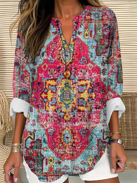 Notched Long Sleeve Ethnic Regular Loose Shirt For Women, Red, Blouses