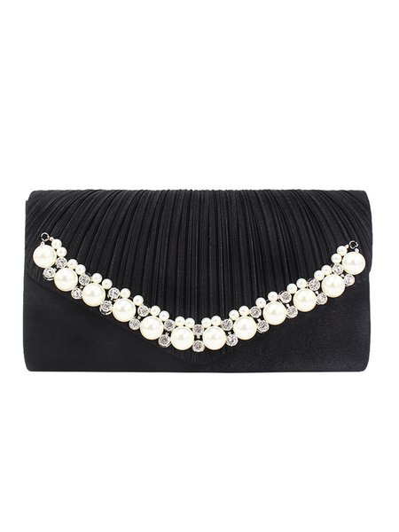 

Elegant Imitation Pearl Rhinestone Square Clutch Bag with Chain Strap, Black, Bags