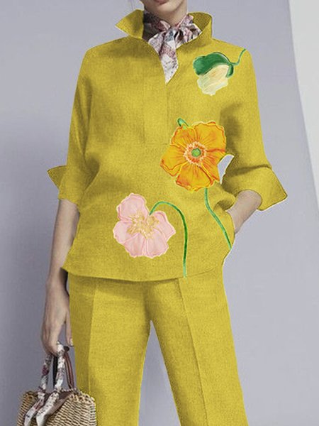 Shirt Collar Urban Floral Loosen Blouse, Yellow, Blouses and Shirts