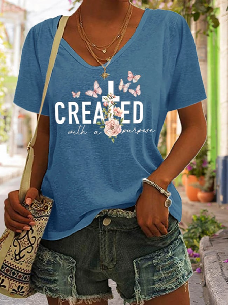 

Casual Text Letters V Neck Short Sleeve T-shirt, Blue, T-shirts
