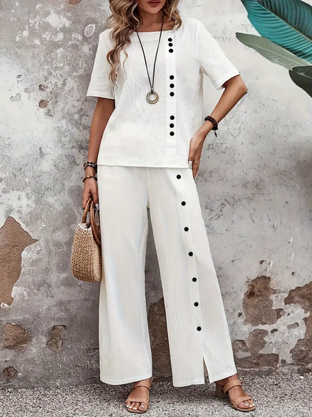 

Women Plain Crew Neck Short Sleeve Comfy Casual Top With Pants Two-Piece Set, White, Jumpsuits&Rompers