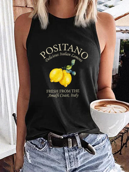 

Casual Crew Neck Lemon Tank Top, Black, Tanks & Camis