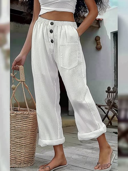 

Cotton Loose Vacation Plain Pants, White, Pants