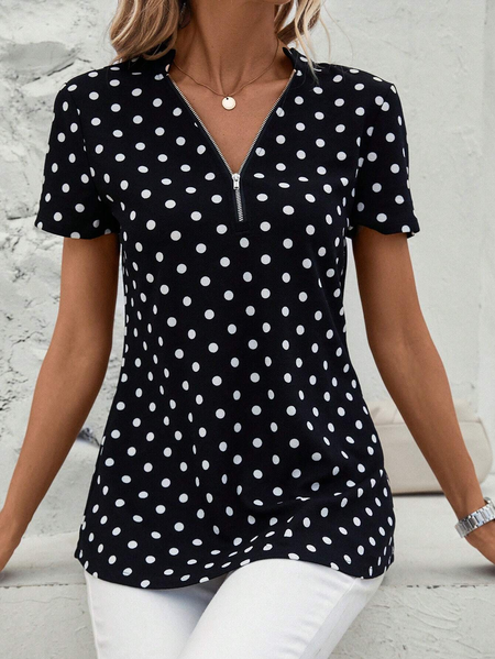 

Women's Short Sleeve Blouse Summer Dark Blue Polka Dots Zipper V Neck Going Out Top, Black, Shirts & Blouses
