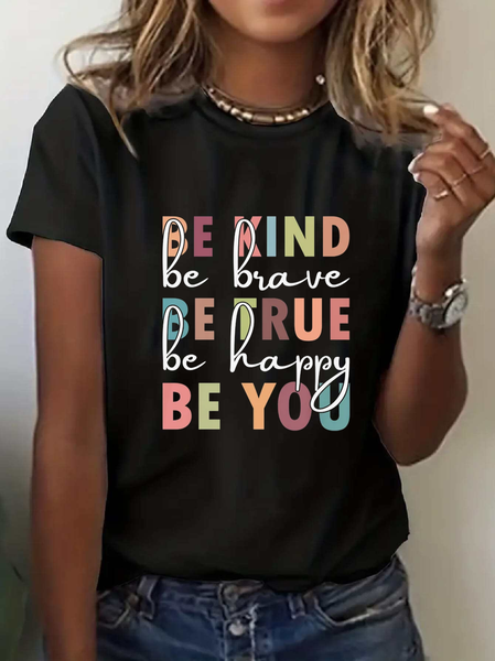 

Casual Text Letters Crew Neck Short Sleeve T-shirt, Black, T-shirts