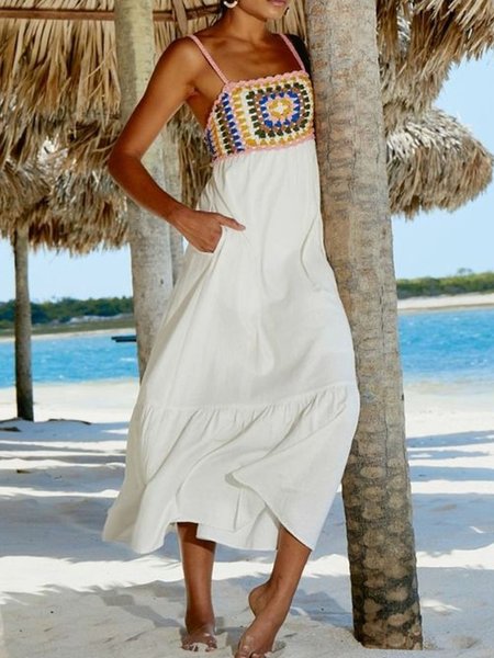 Women Plain Spaghetti Short Sleeve Comfy Casual Crochet Maxi Dress, White, Midi