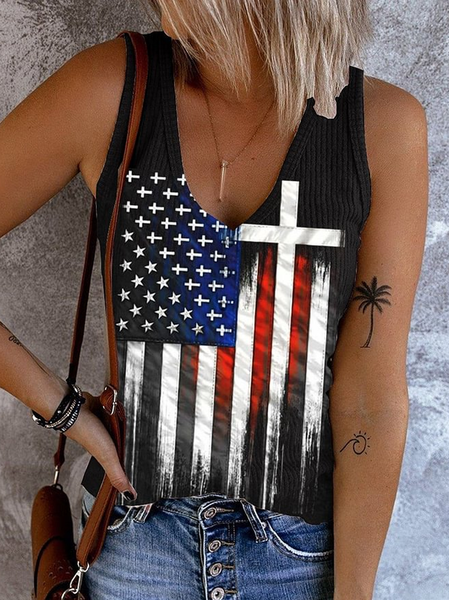

Casual V Neck Flag Tank Top, Black, Tanks & Camis