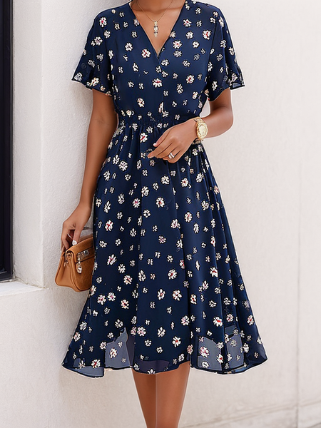 

Women's Summer Dark Blue Small Floral V Neck Vacation Dress, Dresses