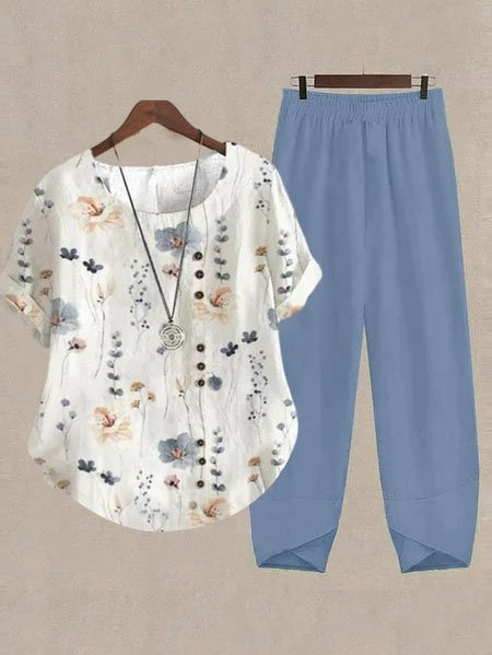 Country Floral Casual Cotton Top Cotton Pants Two Piece Set