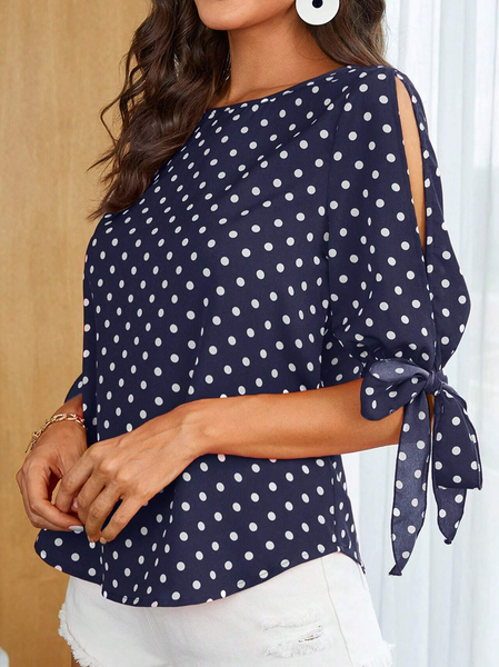 

Women's Half Sleeve Blouse Summer Polka Dots Bow Crew Neck Daily Going Out Casual Top Dark Blue, Shirts & Blouses