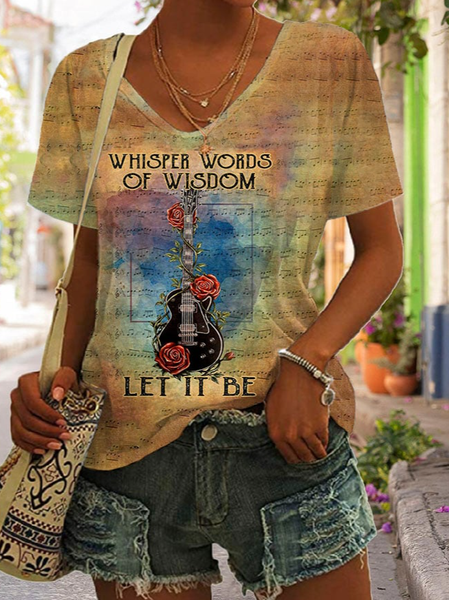 

Casual Letter Pattern V Neck Short Sleeve T-shirt, Yellow, T-shirts