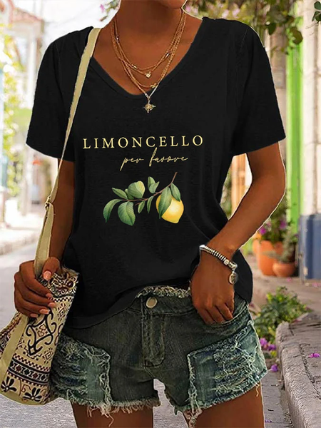 

Casual Lemon V Neck Short Sleeve T-shirt, Black, T-shirts