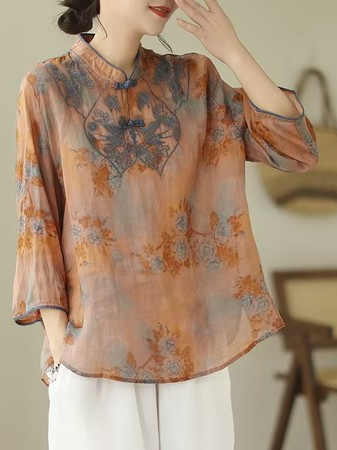 

Women's Three Quarter Sleeve Shirt Spring/Fall Embroidery Patterns Cotton And Linen Stand Collar Daily Going Out Casual Top As Picture, Blouses