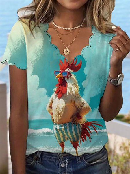 

Casual Animal Scoop Neck Short Sleeve T-shirt, Blue, T-shirts