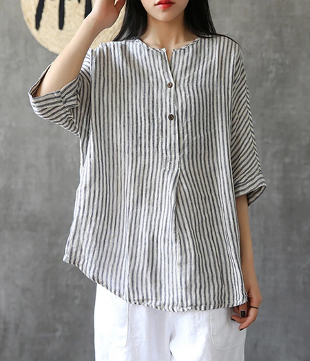 

Casual Striped Loose Blouse, Black-white, Blouses & Shirts