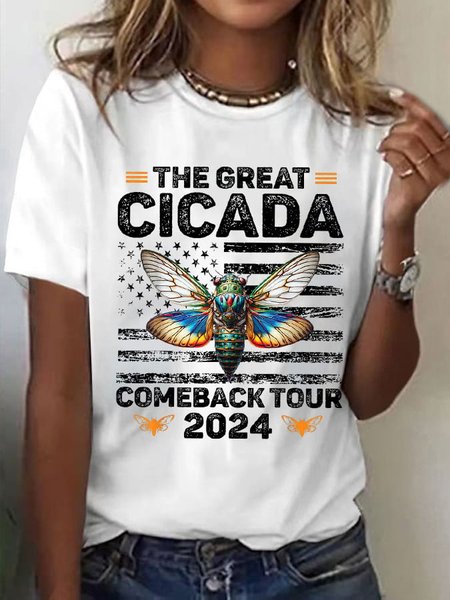 

Casual Butterfly Crew Neck Short Sleeve T-shirt, White, T-shirts