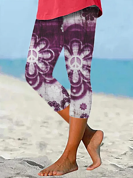

Casual Hippie Capris Leggings, Purple, Leggings