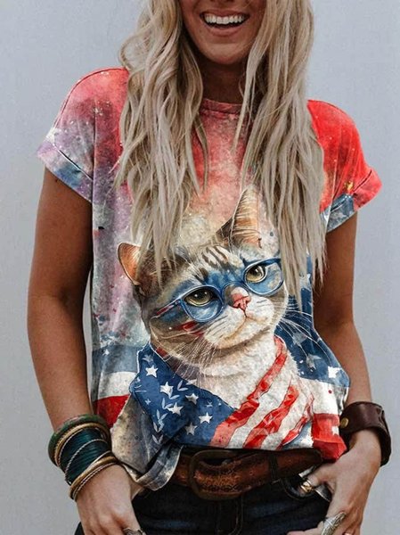 

Casual Cat Crew Neck Short Sleeve T-shirt, Red, T-shirts