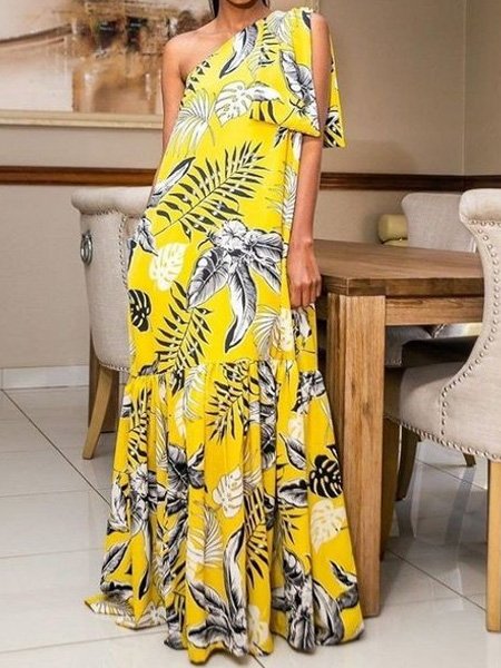 

Urban Plants Asymmetrical Loose Dress, As picture, Maxi Dresses