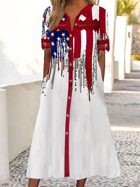 

Women America Flag Shirt Collar Short Sleeve Comfy Casual Lace Maxi Dress, White, Dresses