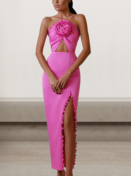 

Women Plain Halter Sleeveless Comfy Sexy Maxi Dress, Deep pink, Dresses