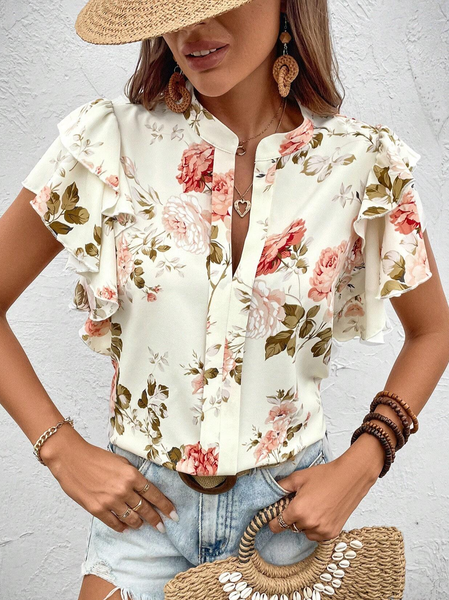 

Women's Short Sleeve Blouse Summer Floral Stand Collar Ruffled Sleeves Daily Going Out Casual Top Apricot, Blouses