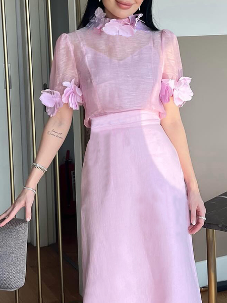 

Plain Regular Fit Stand Collar Short Sleeve Elegant Shirt, Pink, Blouses and Shirts