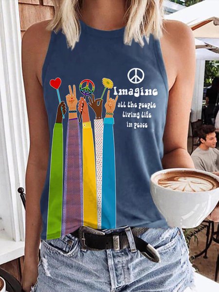 

Casual Crew Neck Letter Pattern Tank Top, Blue, Tanks & Camis