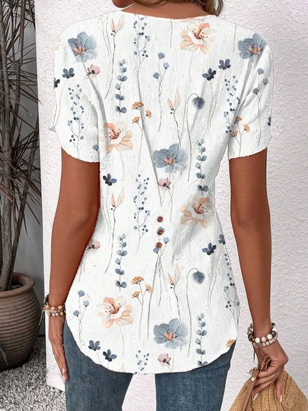 

Women's Floral Buttoned Notched Petal Sleeve Daily Top, White, Shirts & Blouses